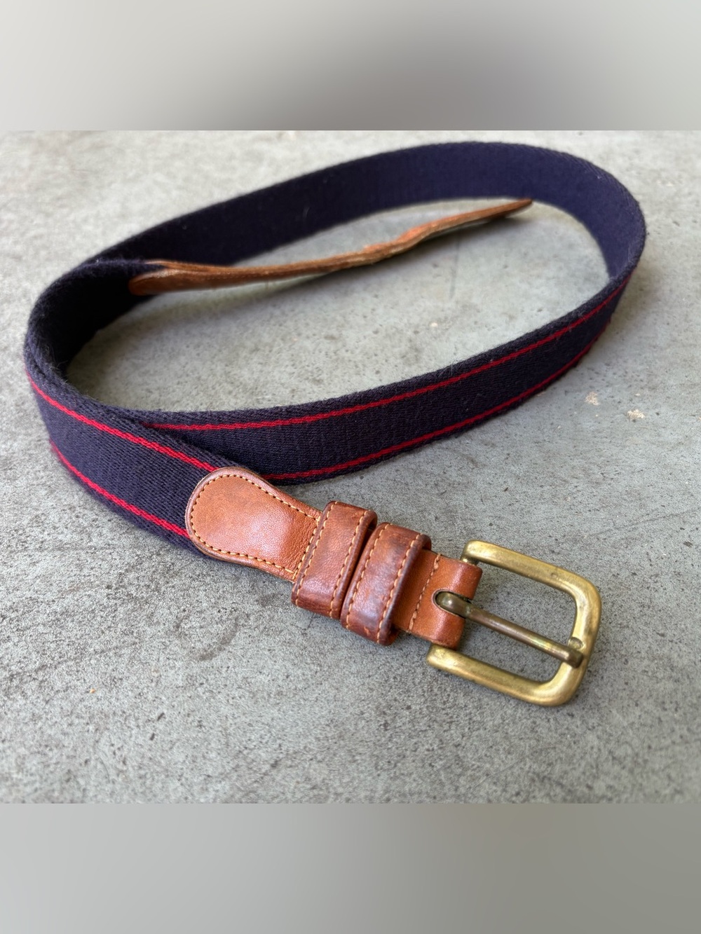 COACH Men's Navy Belt with Red Stripe and Brown Leather Trim